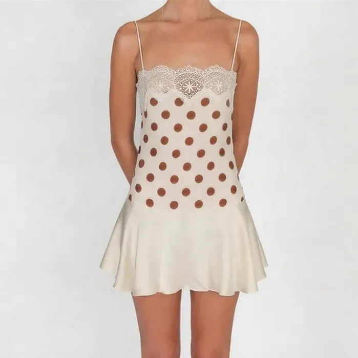 Women Y2K Polka Dot Cami Dress Lace Trim Spaghetti Strap Satin Ruffle Hem Bodycon Mini Dress Summer Casual Streetwear — image 8