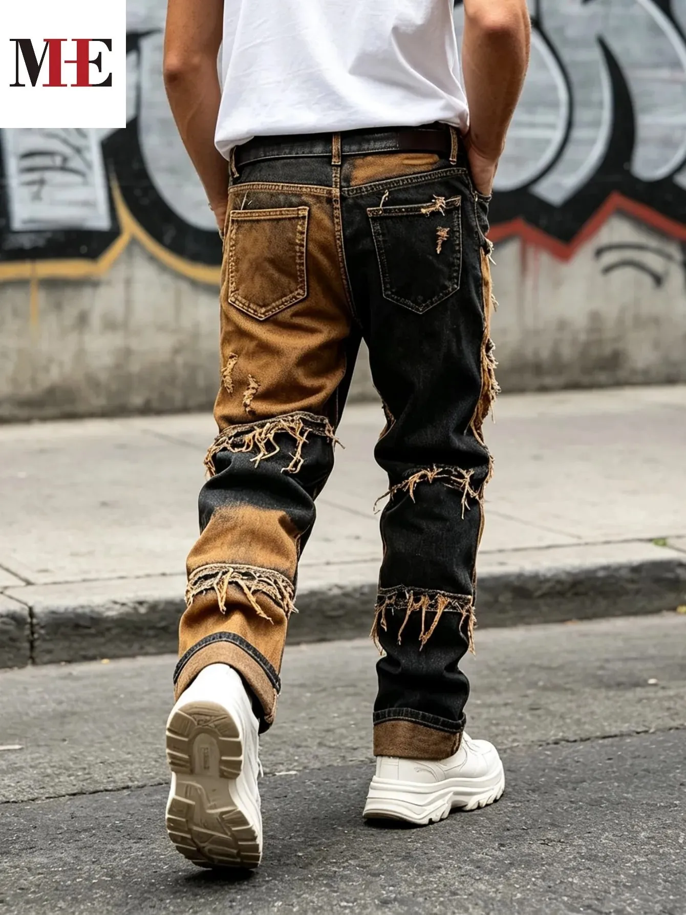 【HME】Men's Jeans | Straight‑Fit Deconstructed Denim Pants vintage Mud‑Wash Two‑Color Spliced Denim Trousers Exposed Frayed Tassel Seams Classic Five‑Pocket Construction Durable Fabric Fashion Men Casual Pants — image 9
