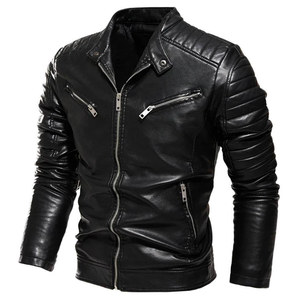 2025 Winter Black Leather Jacket Men Fur Lined Warm Motorcycle Jacket Slim Street Fashion BLack Biker Coat Pleated Design Zipper — image 1