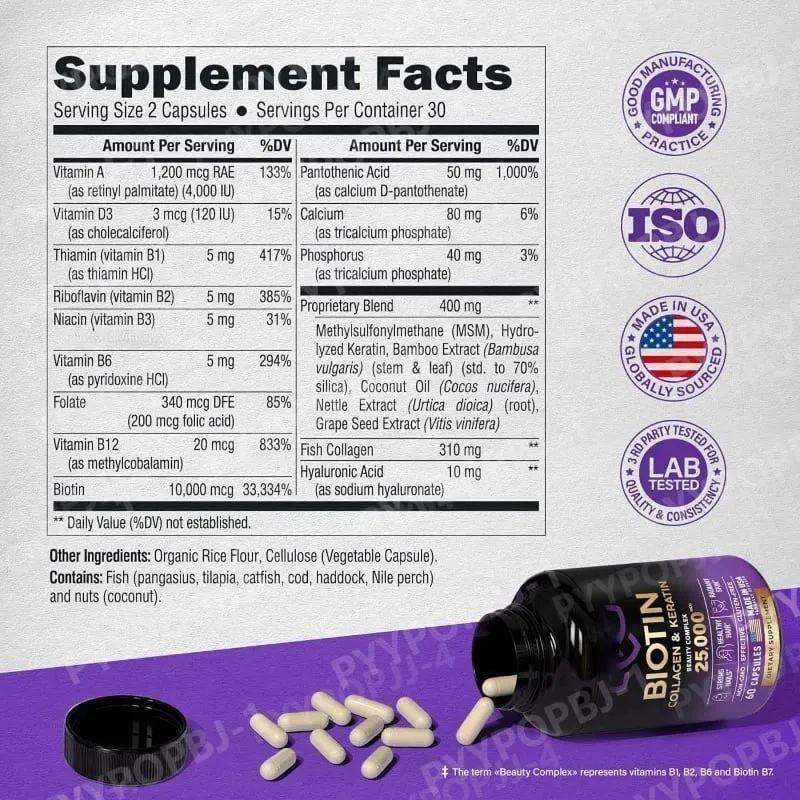 Biotin Capsules Contain Collagen and Vitamin B2 B3 B6 & B7 for Women Men Hair Care Supplements Skin & Nails Support 60 Pieces