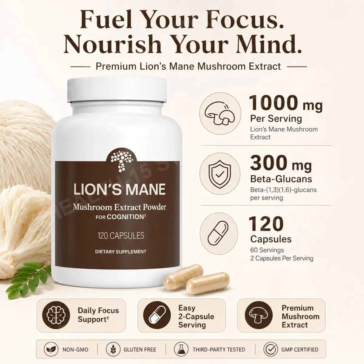 Lion's Mane Mushroom Extract 1000 mg with 300 mg Beta-Glucans Daily Focus and Wellness Support 120 Capsules 60 Servings — image 1