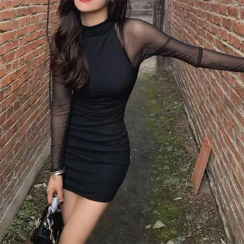 Mesh Patchwork Half High Neck Women Dresses Black Fashion See Through Long Sleeve Skinny Clubwear Female Mini Dress Bodycon — image 4