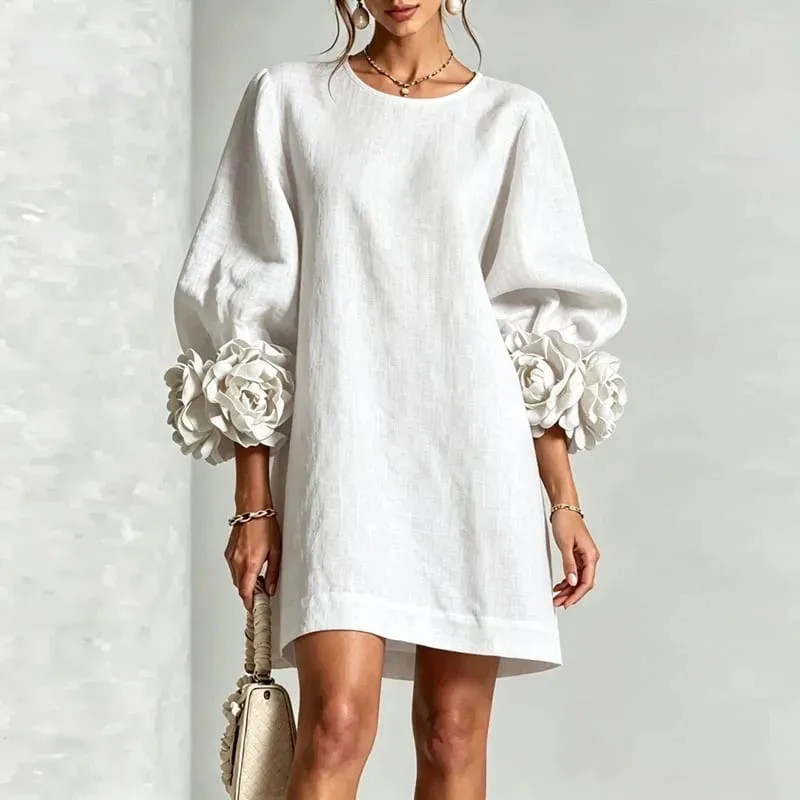 Women Solid Mini Dress Round Neck Puff Sleeve 3D Flower Cuff Loose Shift Dress Elegant Vacation Party Daily Casual Short Dresses — image 6