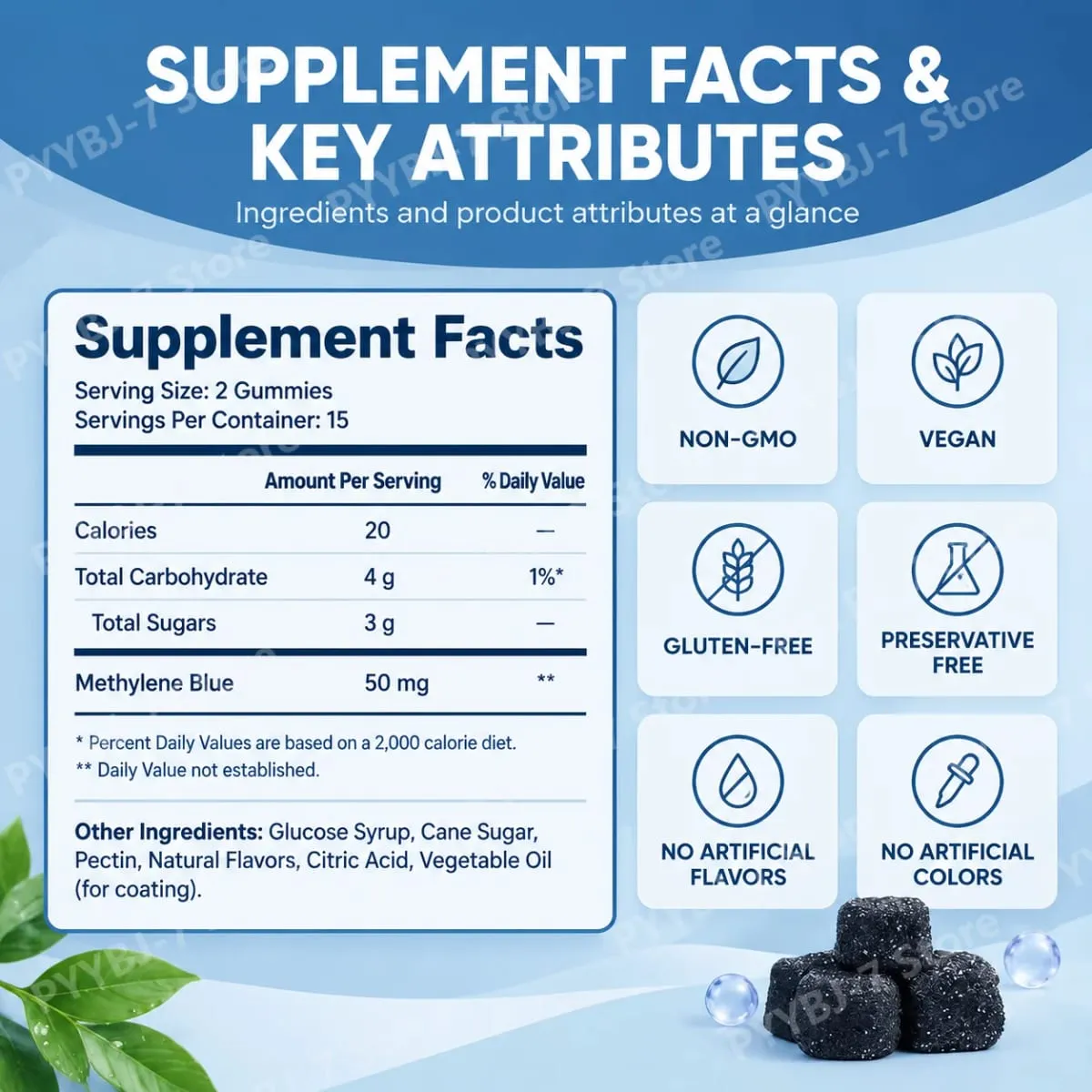 Methylene Blue Gummies with PQQ NAC Vitamin B2 & B3 Supports Cognitive Clarity & Cellular Energy Brain Nutrient for Adults 30Ct