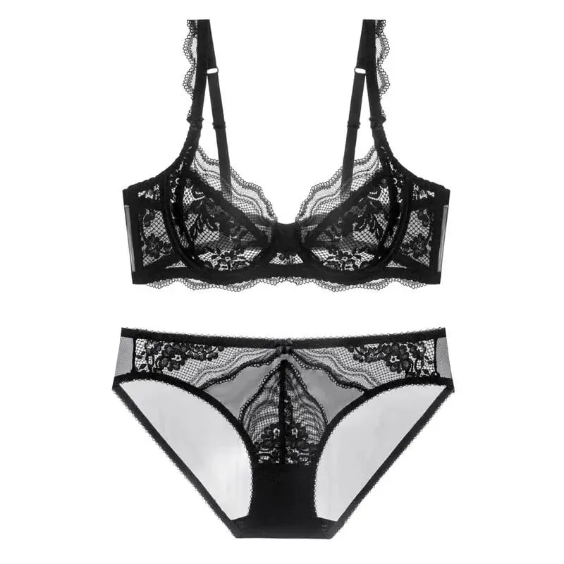 Plus Size Full Bust Minimizer Bra Set Sheer Floral Lace Thin Anti Sag Support Transparent Underwear Women Breathable Intimates — image 11
