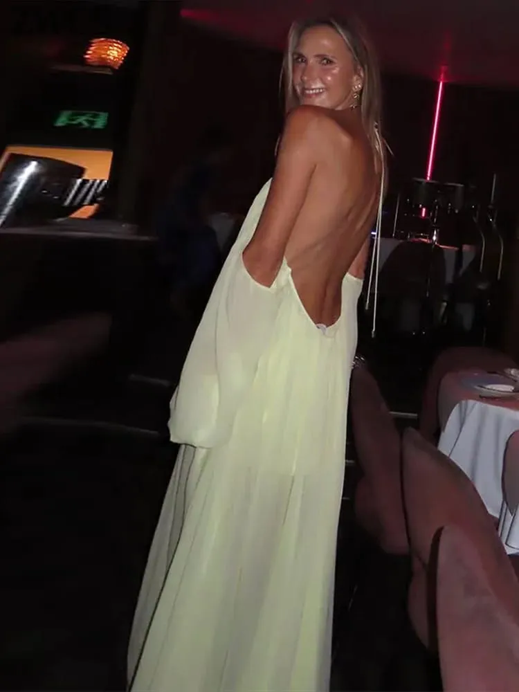 Sexy Halter Backless Party Gowns Women's Yellow Big Hem Off-shoulder Long Dresses 2026 Spring New Ladies Loose Beach Robes — image 6