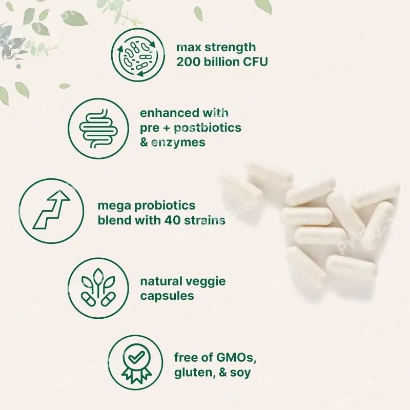 Probiotics Capsules 200 Billion CFU with Prebiotics Dietary Supplement for Men and Women 40 Mega Probiotics Strains 120 Count