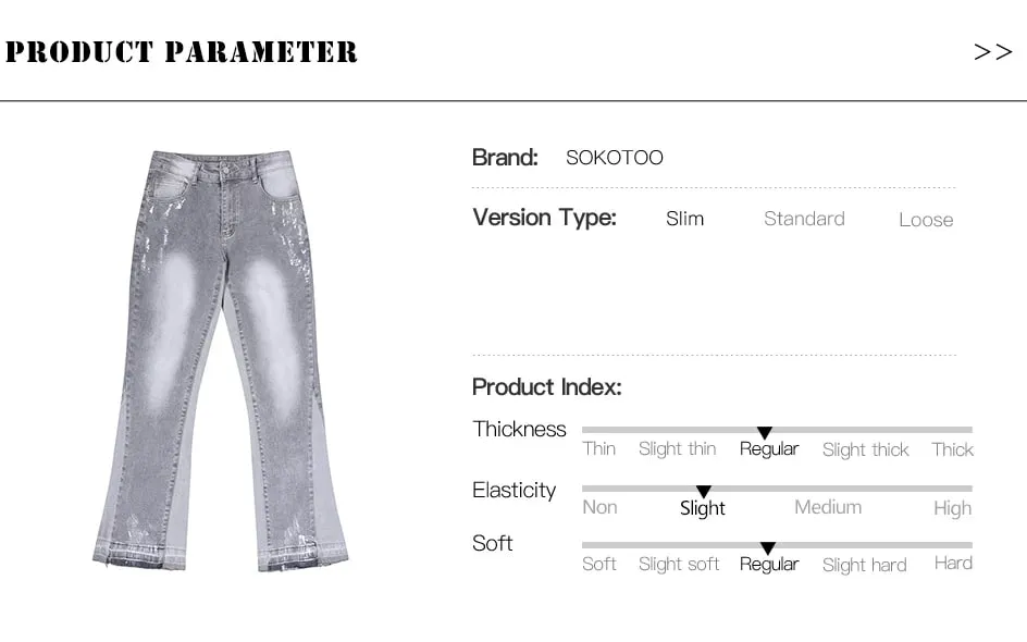 Men Painted Flared Denim Jeans Spliced Slim Boot Cut Pants Vintage Grey Cotton Released Hem Trousers