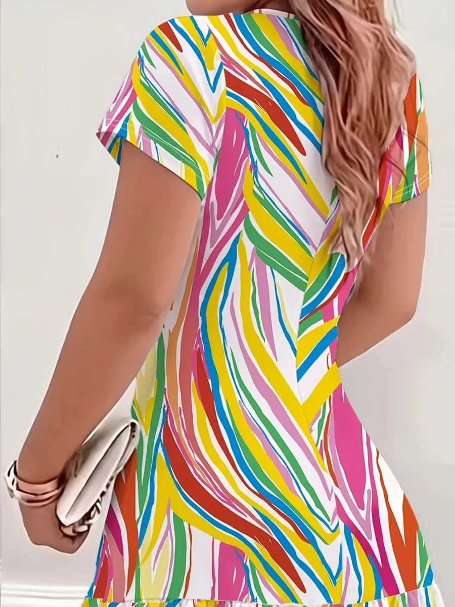 New Summer Women's Geometric Print Pattern Round Neck Short Sleeve Dress Comfortable Holiday Dress — image 4