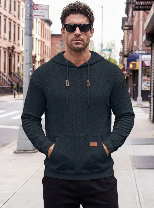 Men Thin Cable Knit Hooded Sweatshirt Drawstring Hood Kangaroo Pocket Long Sleeve Loose Casual Pullover Autumn Daily Street Tops — image 2