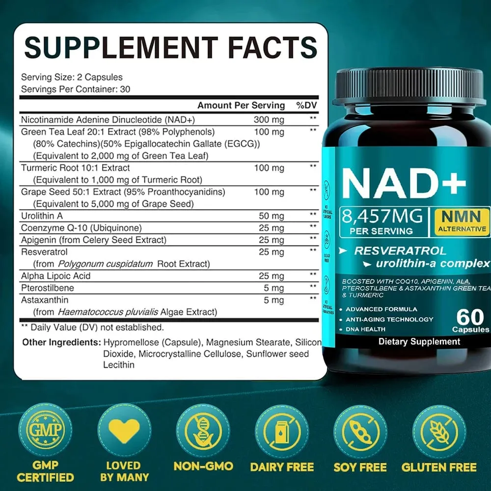 NAD Supplement 8457mg Plus for Energy Focus Skin & Anti-Aging Support - NMN Alternative Liposomal + Green Tea 60 Capsules — image 7