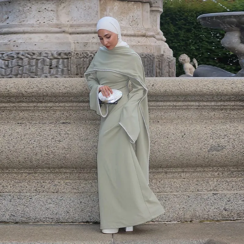 White Pearl Trim Cape Maxi Dress Women Elegant Long Sleeve Cinched Waist Muslim Robes 2026 Spring EID Abaya Lady Dresses — image 3