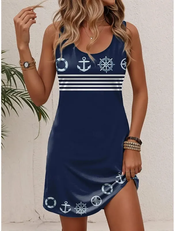 Women's Sleeveless Crew Neck Tank A-Line Mini Dress Print White Red Blue Loose Casual Summer Beach Vacation Daily Dress — image 3
