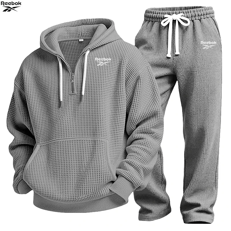 2026 Reebok Brand Spring-Autumn Men's Hooded Sweatshirt Set - Retro Solid Color Loose Fit Street Style Half-Zip Hooded Shirt - C — image 9