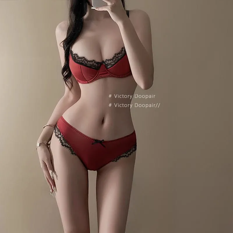 Red Satin Bra Set Dopamine Lingerie for Small Chest Push Up Gathers Anti Sagging Sexy Lace Bralette for Women Pure Sensual — image 9