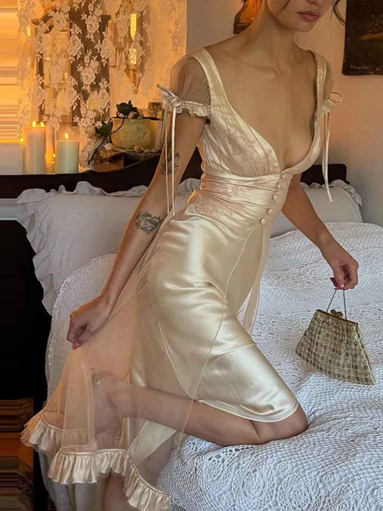 Vintage Chic Women Dress Deep V Neck Mesh Spliced Satin Tie Strap Back Bow Ruffle Hem Midi Dresses 2026 Summer Party Guest Gown — image 2