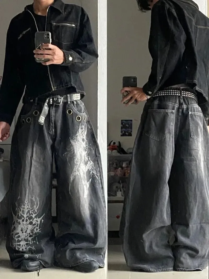 Y2K Vintage Gothic High Street Denim Black Wash Gradient Spine Spider Lily Print Wide Leg Jeans — image 11