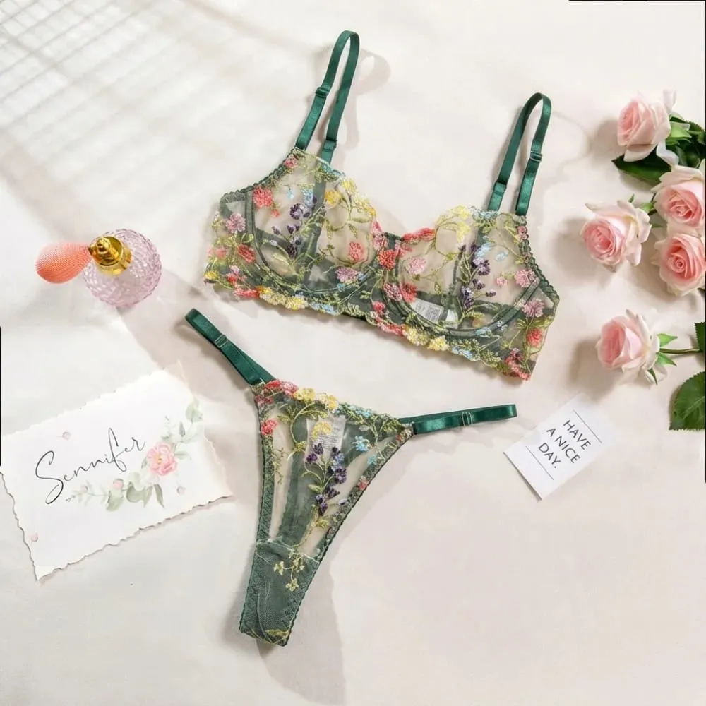 2-Piece Bohemia Floral Lingerie Set Sheer Embroidery Underwear Intimates Versatile Underwire Push-up Bra Panty Set For Lady Girl — image 8