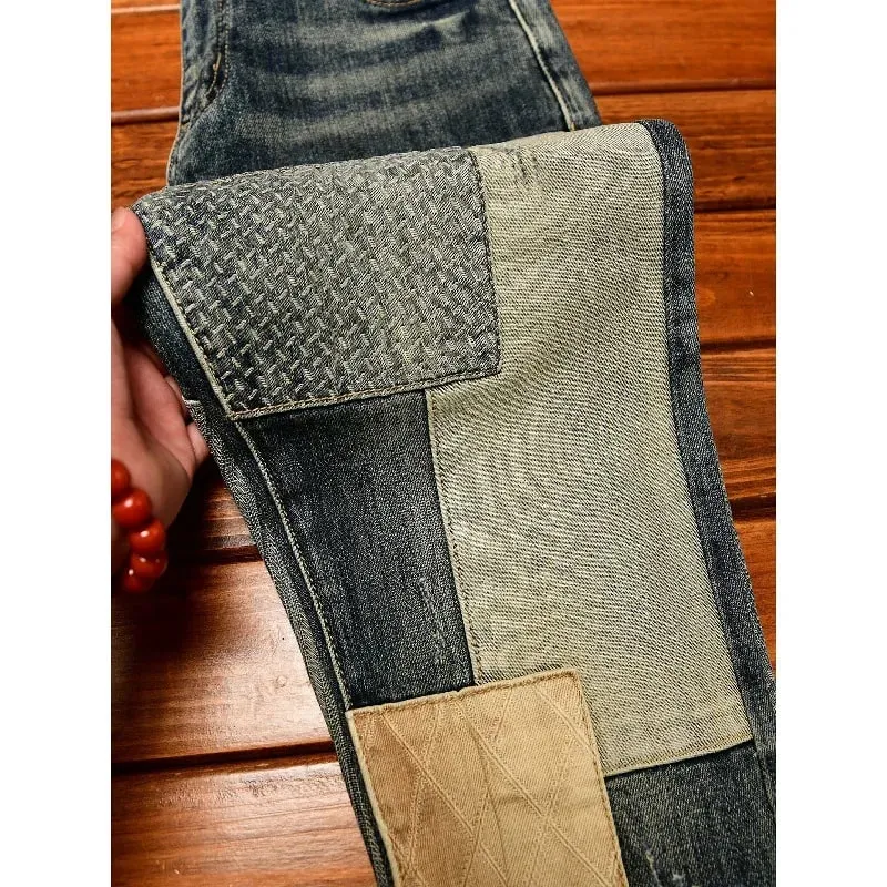 Retro and nostalgic patchwork design jeans for men trendy and fashionable street men's clothing slim fit small foot long pants — image 1