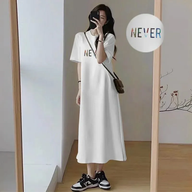 Summer Oversized Women Long T Shirt Dress White Round Neck Color Letter NEVER Print Casual Side Split Maxi Dress — image 5