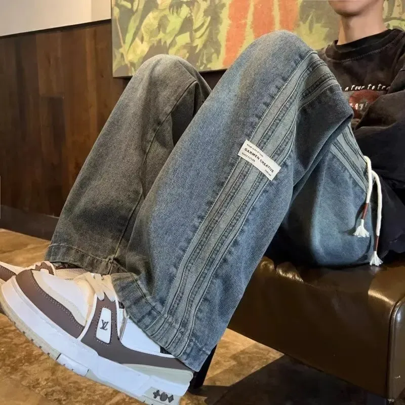 Three bar American retro jeans men's spring and autumn new style high street elastic waist loose casual men's straight leg long — image 1