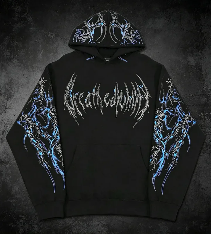 Men Alt Gothic Pullover Hoodie Y2k High Street American Style Dark Thorn Print Fleece Lined Loose Biker Fall Winter Sweatshirt — image 18