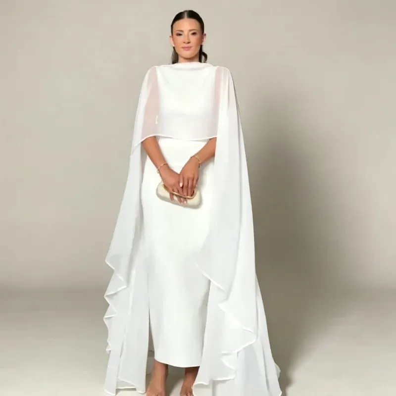Sheer Cape Round Neck Maxi Dress For Woman Open Back Solid Plain Design Skirt Elegant Wedding Formal Evening Female Long Robes — image 2