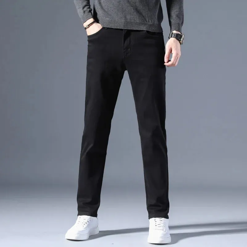 2026 Summer Spring New Men's Pure Black Slim Jeans Elastic Straight Pants BusinessLeisure Korean Vintage Denim Pants Male