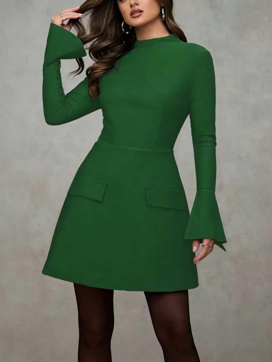 2026 Women Solid Mock Neck Split Flare Long Sleeve Mini Dress Pocket Design A‑Line Elegant Work Party Short Dress — image 7