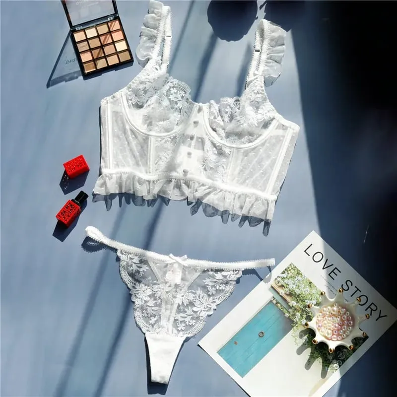 Sexy Bra Brief Set Ruffles Dot Lingerie Embroidery Flowers Solid Panties Underwear Lace Two Back Closure Intimate Exotic Sets