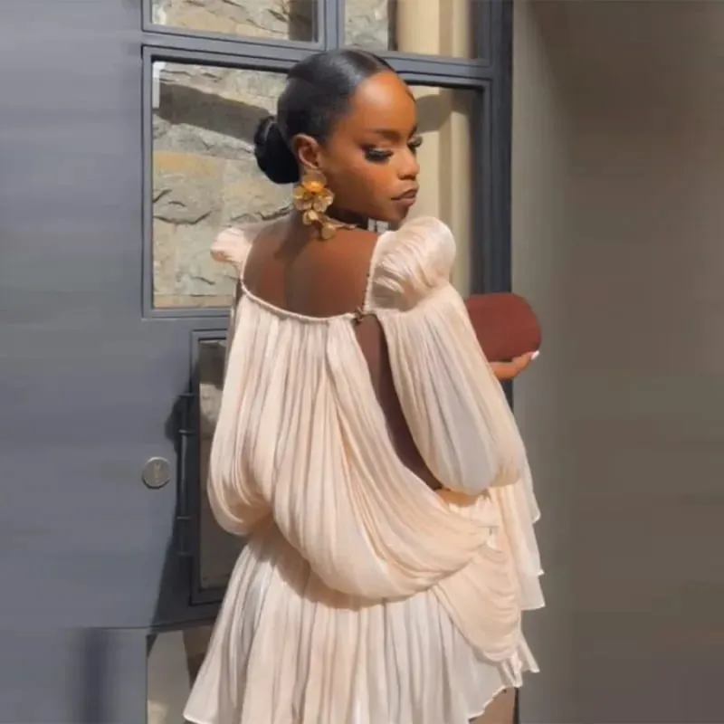 Satin Off Shoulder Pleated Mini Dress for Women Fashion Puff Sleeve Cinched Waist Prom Party Skirt 2026 NEW Summer Lady Dresses — image 4