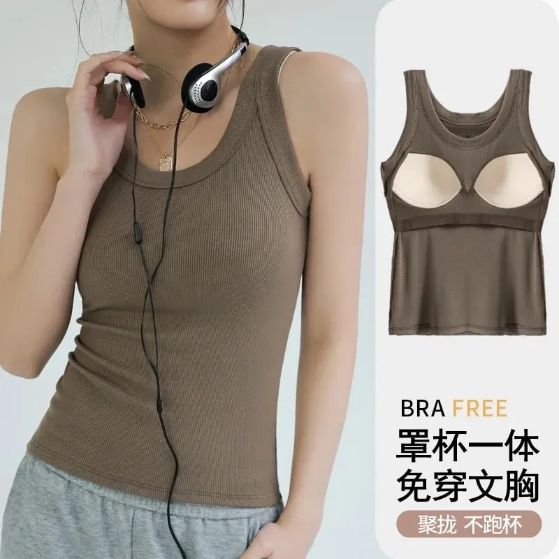 New Women Solid Round Neck Ribbed Tank Top Camisole Women Summer Basic Elastic TankTop One-piece Vest with Chest Pad Y2k — image 5