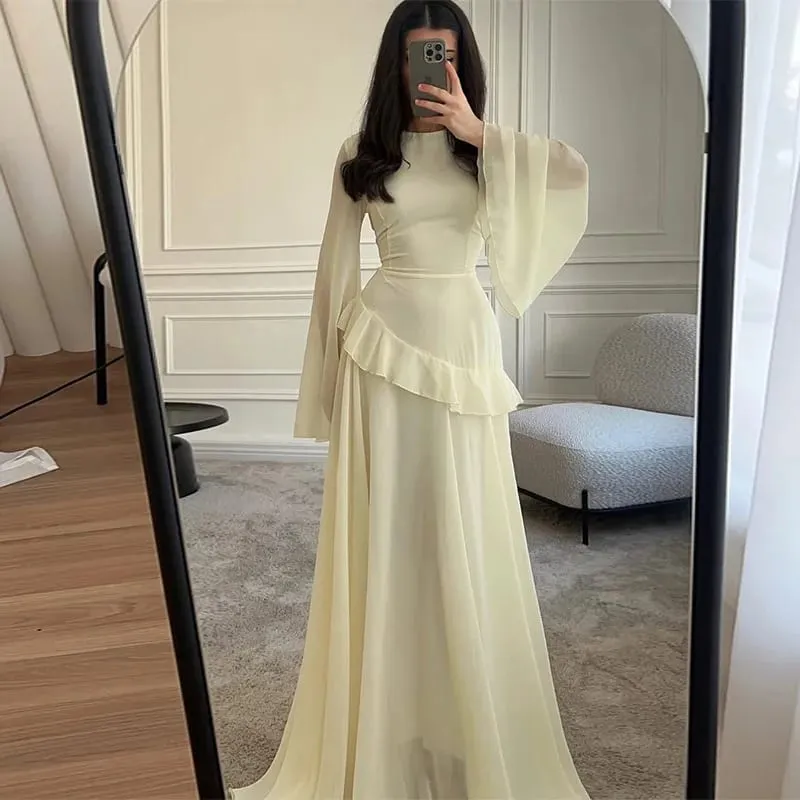 Women Chiffon Solid Ruffled Dress Flare Sleeve Round Neck 2025 New Elegant Maxi Gown Evening Party Fashion Holiday Lady — image 11
