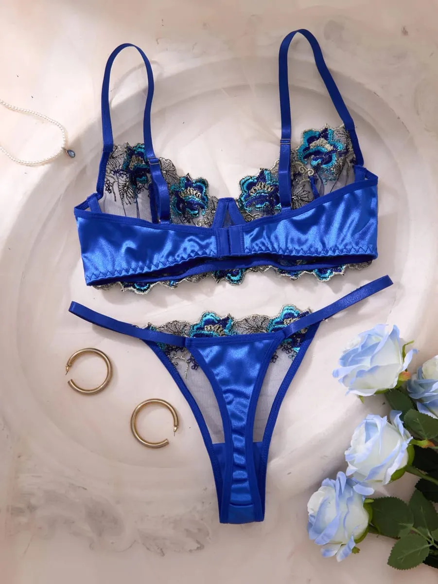 Royal Blue Floral Embroidery Satin Mesh Lingerie Set Underwire Bra With Matching Thong Women Sexy Intimates ZA825146 — image 2