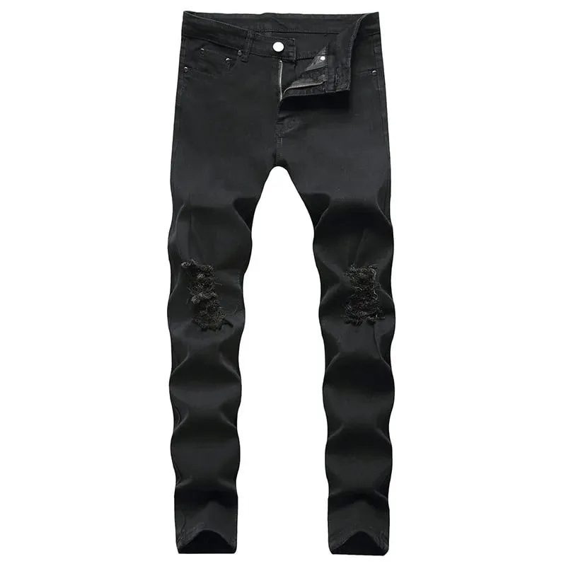 Skinny Stretch Ripped Jeans Men's Distressed Kpop Slim Fit Denim Pants American Street Style Rock Hip Hop White Black Trousers — image 2