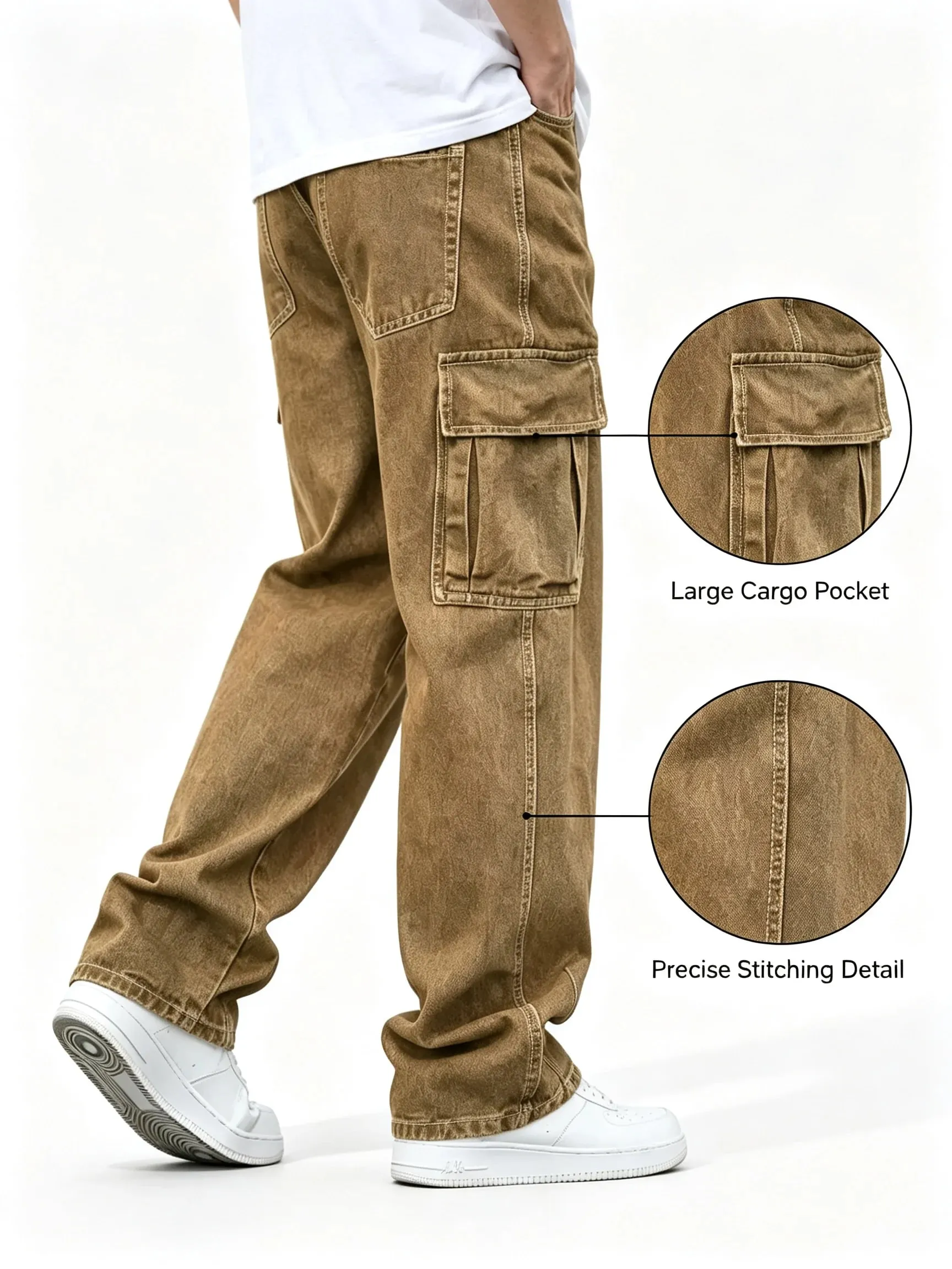 Men Baggy Cargo Jeans Retro Army Style Loose Fit Multi‑Pocket Denim Trousers Men's Casual Daily Outdoor Street Work Pants — image 6