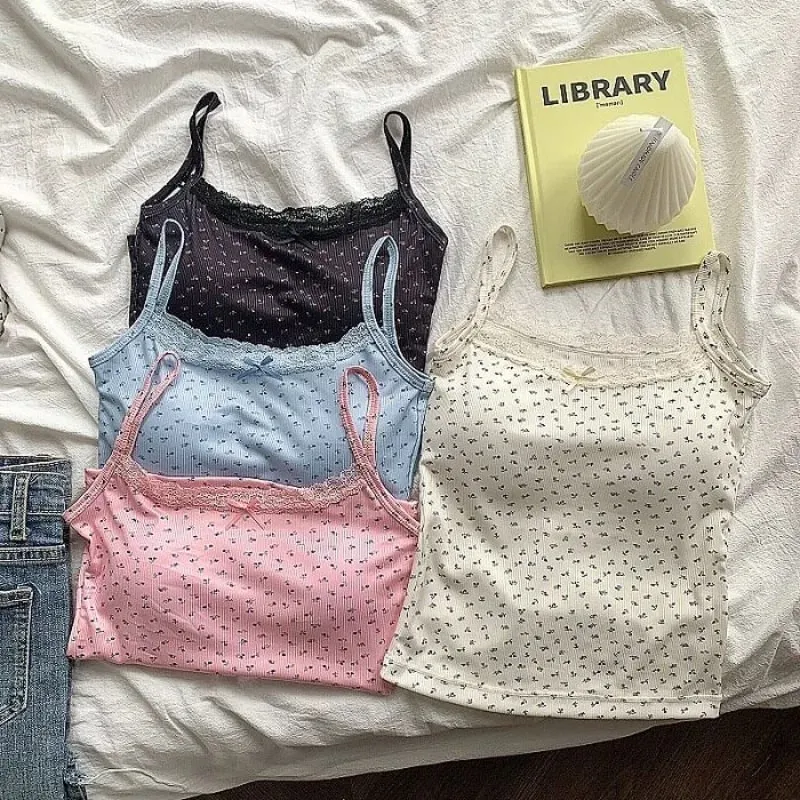 Elegant Lace Flower Print Slim Sexy Vest Floral Tops One Size Tank Spring Sweet Bowknot Style T-Shirt Casual Crop Top Summer — image 7