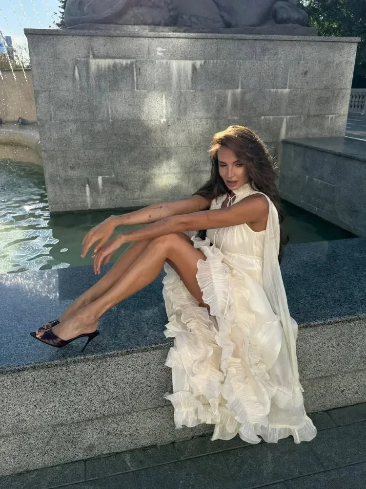 Ivory Sleeveless Ruffled Hem Maxi Dress Women Flowy Solid Cloak Long 2026 Spring Summer Fashion Vacation Leisure Lady Vestidos — image 1