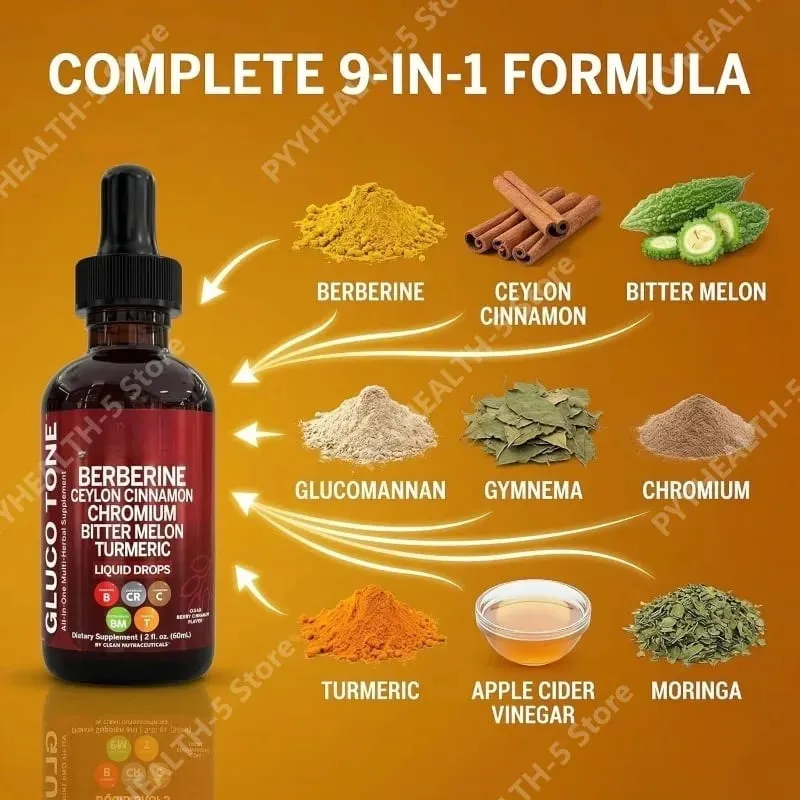 Berberine with Ceylon Cinnamon Supplement Liquid Drops + Bitter Melon Extract Glucomannan Gymnema Chromium Turmeric 60ml