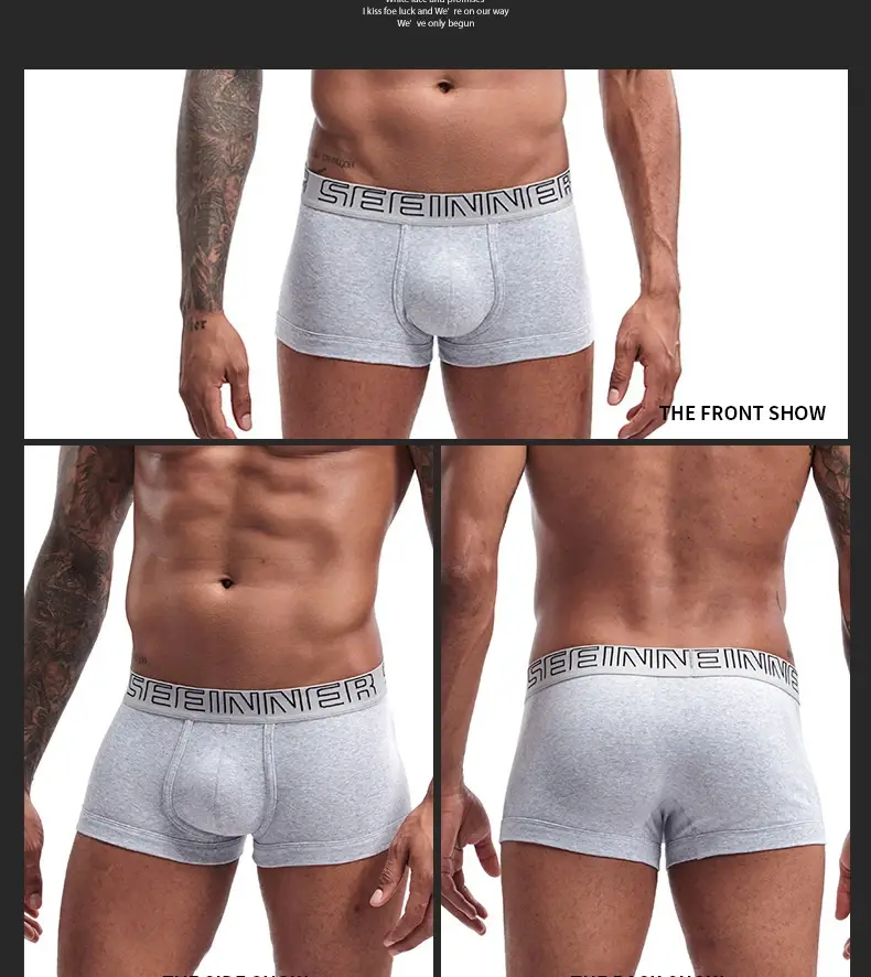 Seeinner Mens Boxer Shorts Cotton U Convex Pouch Pakaian Dalam Lembut Selesa Seluar Dalam Cueca Masculina M-XXL Hitam Putih Kelabu