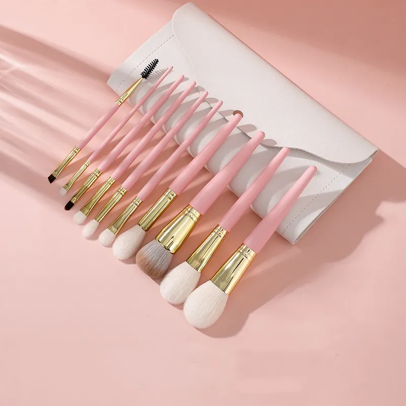 10pcs Pink Makeup Brushes Eyeshadow Brush Blush Liquid Foundation BB Cream Brushes Goat Hair Make Up Brushes Bag Cosmetic Tools — image 1