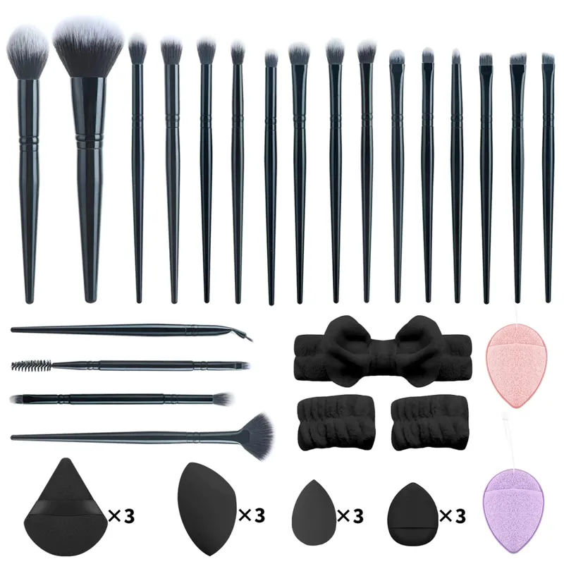 37Pcs Makeup Tool Kit 20Pcs Makeup Brushes With Hairband Wristband Powder Puff Facial Sponge