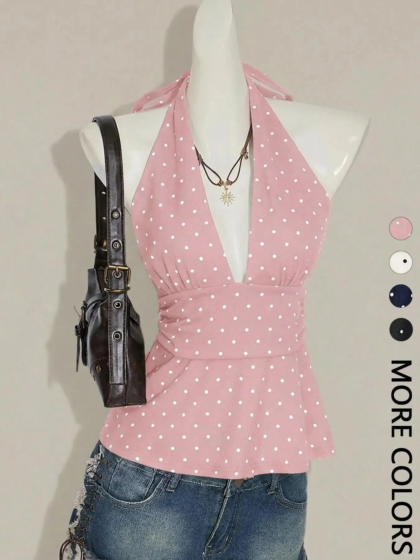 Ladies Polka Dot Backless Strap Top with Waist Pleating Design Adjustable Neck Strap Backless Strap Ladies Shirt — image 8