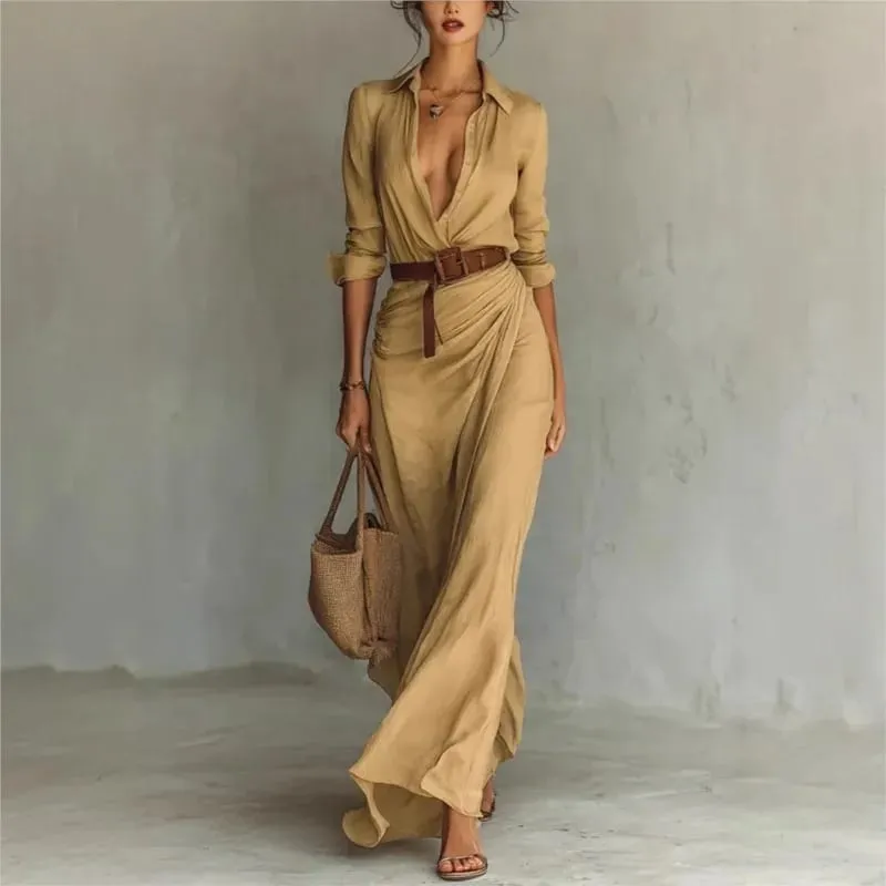 Pakaian Pesta Percutian Pepejal Fesyen Wanita Butang Lapel Elegan Berbalut Pakaian Panjang Kasual Padanan Lengan Panjang Dengan Pakaian Baju Tali Pinggang — image 4