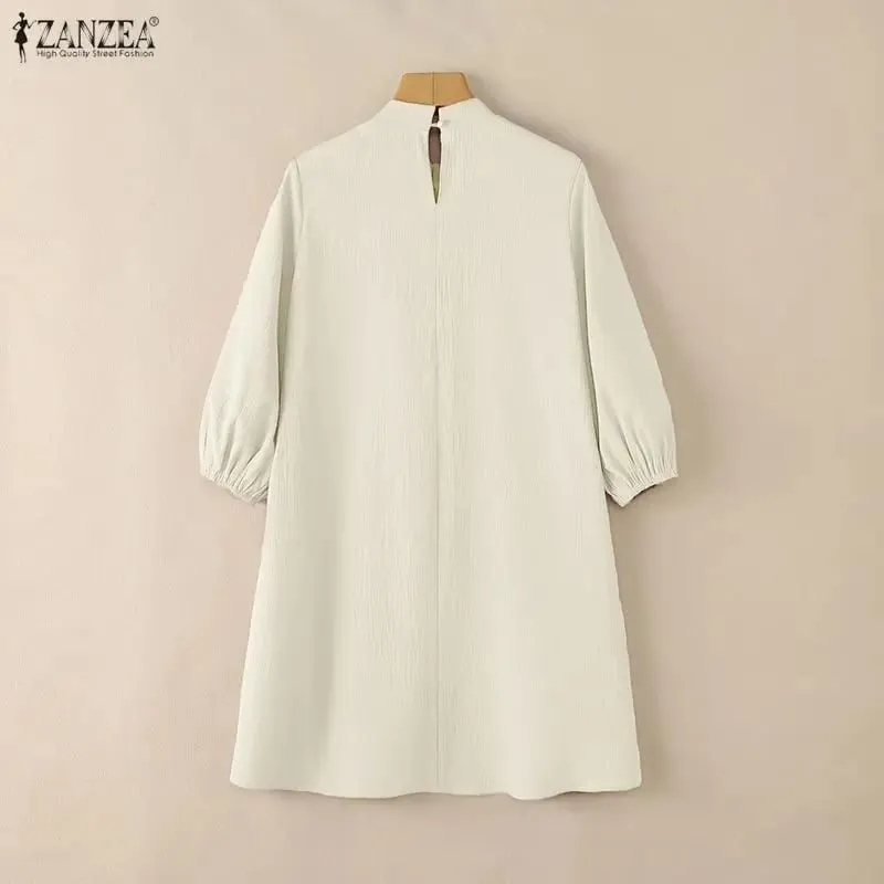 Summer Women's Elegant Pleated Dresses Stand Collar 3/4 Puff Sleeve Crinkled A-Line Knee-Length Dress Casual Robes Femme — image 2