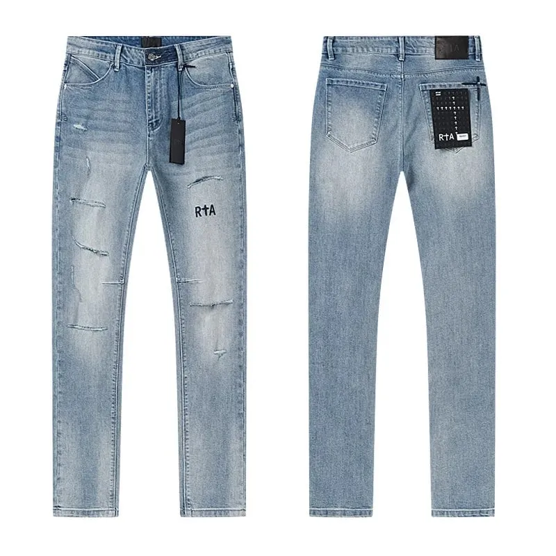 New RTA Destroyed Scratch Hole Light Blue Distressed Jeans Men's High Street Elastic Slim Fit Jeans 2026 Brand Pants Streetwear