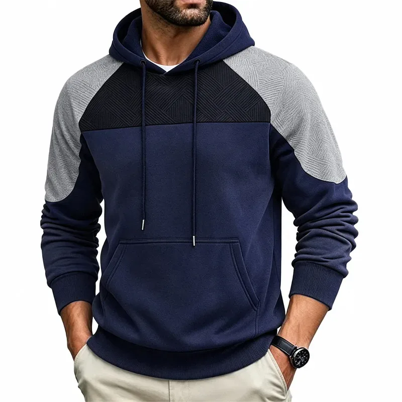 Autumn Winter Men Color Block Raglan Hoodie Textured Chest Panel Drawstring Kangaroo Pocket Loose Casual Streetwear Sweatshirt — image 3