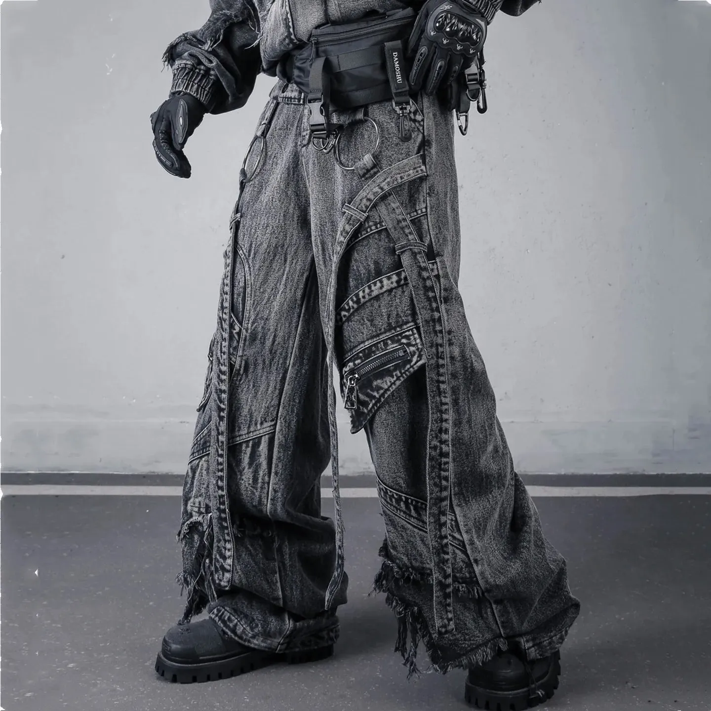 Deconstructed Straps Washed Vintage Cargo Jeans Man Woman Techwear Wasteland Style Wide Leg Tactical Baggy Pants Street Wear — image 3