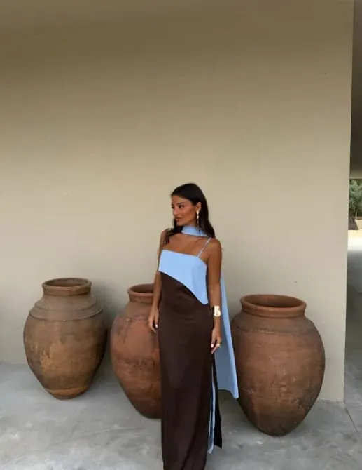 Color Blocking Scarf Collar Suspender Women Maxi Dress Spaghetti Strap High Split Floor Length Evening Dresses Lady Party Robes