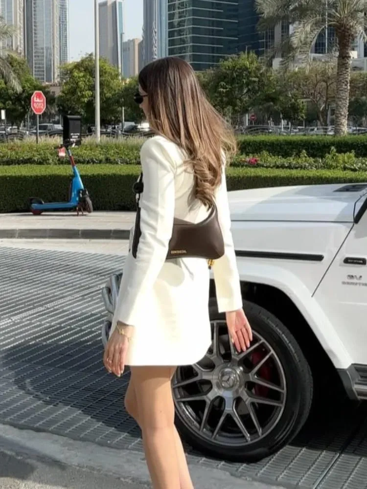Women Chic Solid A-line Mini Dresses ElegantSingle-breasted V Collar Full Sleeves Short Vestidos Fashion New Lady Commute Gowns — image 2